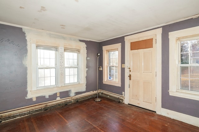 foyer entrance featuring dark hardwood / wood-style floors and crown molding