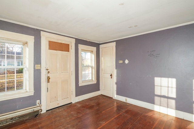 entrance foyer featuring crown molding and dark wood-type flooring