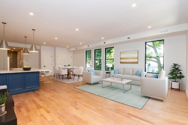 living room featuring light hardwood / wood-style flooring, a wealth of natural light, and sink