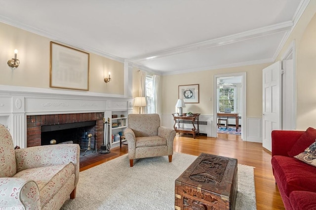 living room featuring crown molding, wainscoting, wood finished floors, and a fireplace