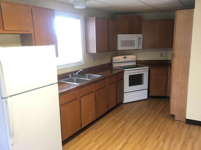 kitchen featuring a paneled ceiling, sink, white appliances, and light wood-type flooring