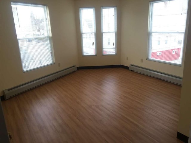 unfurnished room with dark wood-type flooring and a baseboard radiator