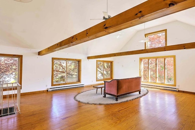 2386 Pleasant, Dighton, MA 02715 - living area featuring baseboard heating, ceiling fan, wood finished floors, beamed ceiling, and high vaulted ceiling