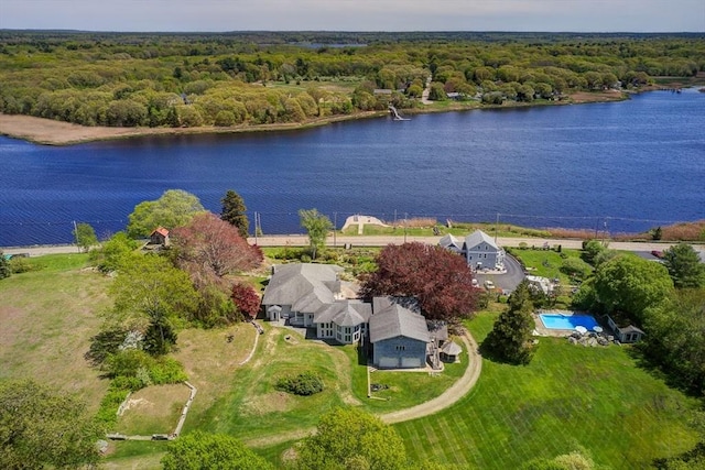 2386 Pleasant, Dighton, MA 02715 - aerial view of a nearby body of water, a forest, and a pool area