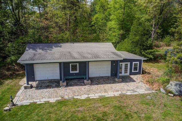 2386 Pleasant, Dighton, MA 02715 - view of front of house featuring french doors, a front yard, and roof with shingles