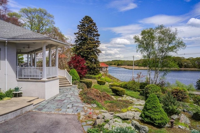 2386 Pleasant, Dighton, MA 02715 - view of yard featuring a ceiling fan, a water view, and covered porch