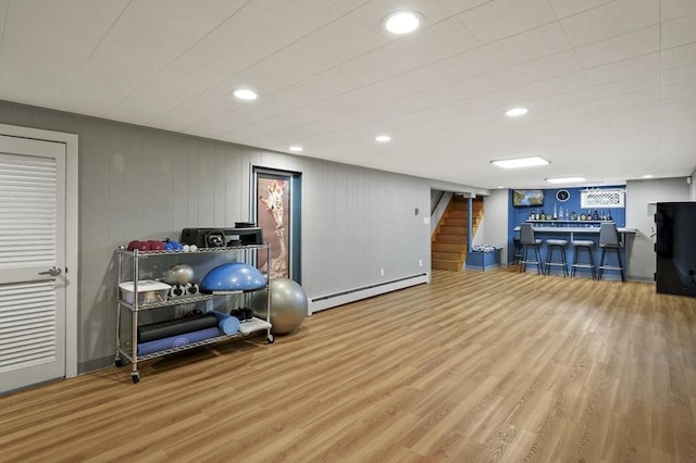4 Polito Dr, Worcester, MA 01604 - exercise room with a baseboard radiator, wood finished floors, bar, and recessed lighting