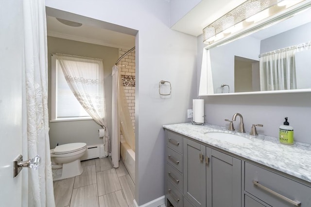 full bathroom featuring vanity, ornamental molding, shower / tub combo, baseboard heating, and toilet