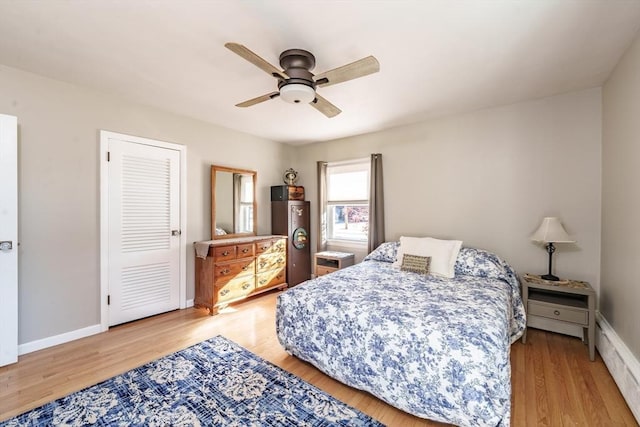 bedroom featuring ceiling fan and light hardwood / wood-style flooring