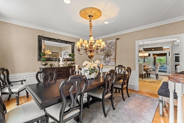 8 Riverside Ter, Easton, MA 02356 - dining space with a chandelier, a wainscoted wall, ornamental molding, and recessed lighting