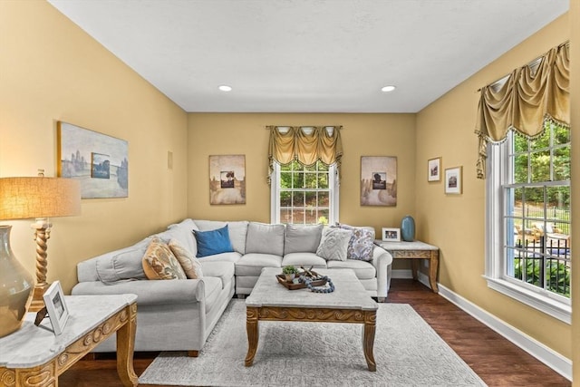 8 Riverside Ter, Easton, MA 02356 - living area featuring baseboards, dark wood finished floors, and recessed lighting