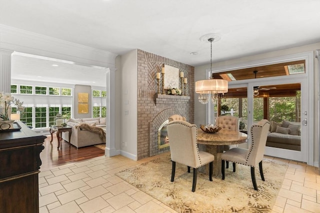 8 Riverside Ter, Easton, MA 02356 - dining area featuring a brick fireplace, a ceiling fan, and recessed lighting