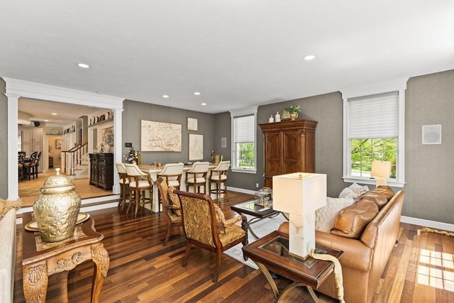 8 Riverside Ter, Easton, MA 02356 - living room featuring wood finished floors, baseboards, recessed lighting, and ornate columns