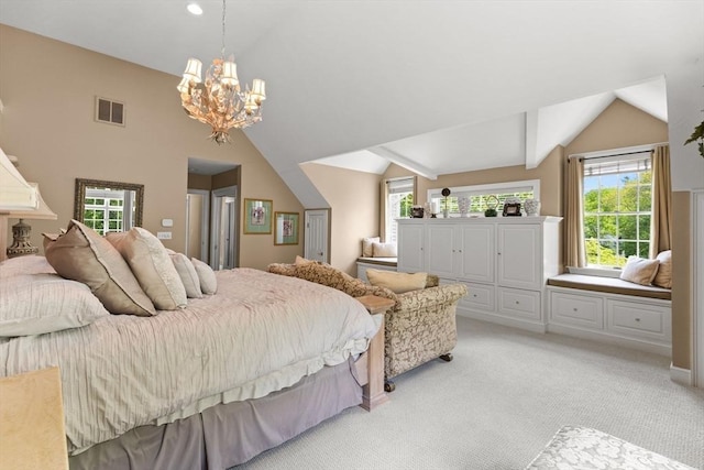 8 Riverside Ter, Easton, MA 02356 - bedroom featuring lofted ceiling, a chandelier, light colored carpet, and multiple windows