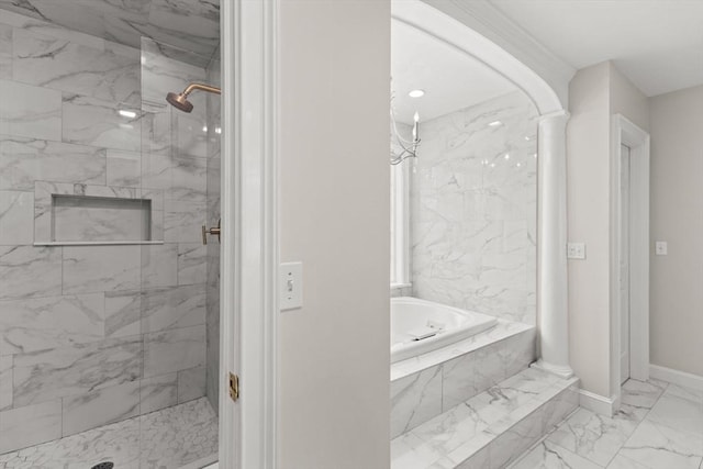 8 Riverside Ter, Easton, MA 02356 - bathroom with marble finish floors, a marble finish shower, a bath, and baseboards