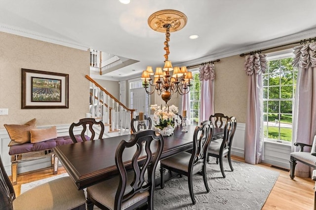8 Riverside Ter, Easton, MA 02356 - dining room with a chandelier, ornamental molding, plenty of natural light, stairway, and light wood finished floors