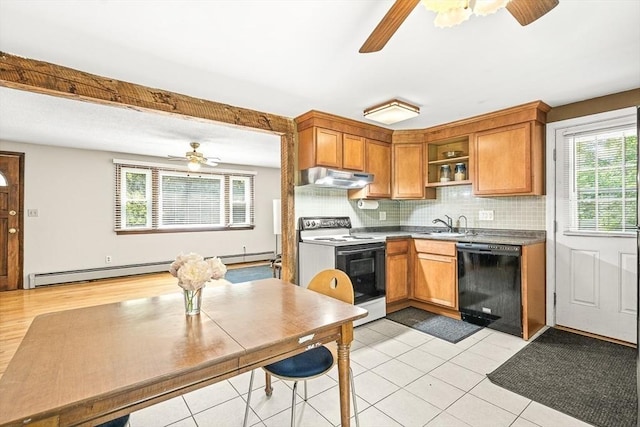 98 G St, Dracut, MA 01826 - kitchen featuring black dishwasher, white range with electric stovetop, a ceiling fan, open shelves, and under cabinet range hood
