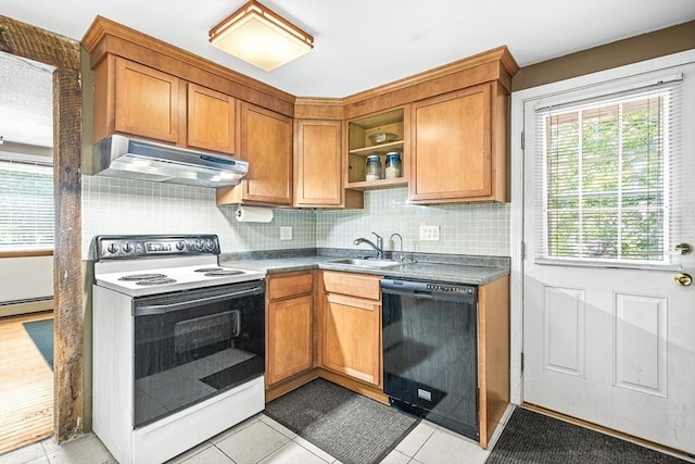 98 G St, Dracut, MA 01826 - kitchen featuring dishwasher, white range with electric stovetop, range hood, a sink, and open shelves