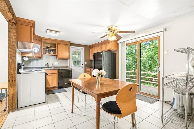 98 G St, Dracut, MA 01826 - kitchen featuring black appliances, ventilation hood, a sink, a ceiling fan, and light tile patterned floors