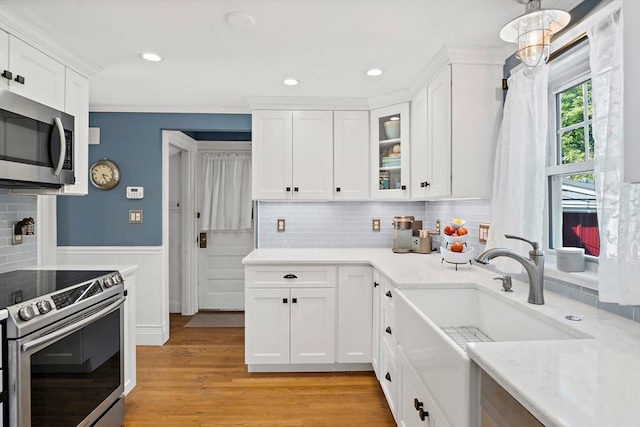kitchen with appliances with stainless steel finishes, white cabinets, glass insert cabinets, a wainscoted wall, and a sink