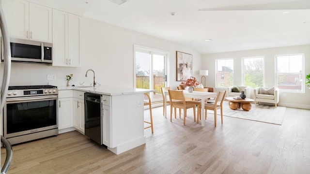 kitchen with stainless steel appliances, a sink, light wood finished floors, a peninsula, and open floor plan