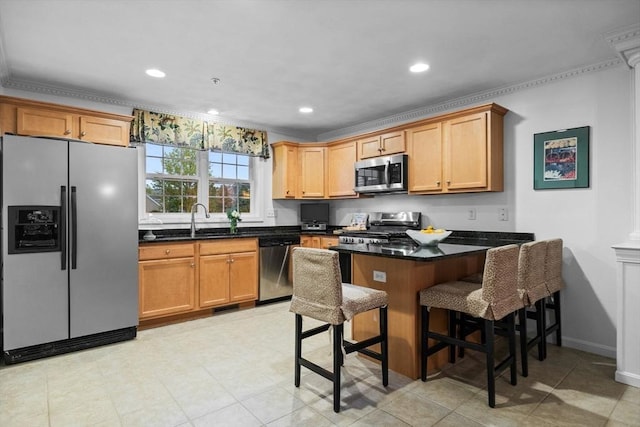 18 Dale St Unit 7A, Andover, MA 01810 - kitchen with stainless steel appliances, a peninsula, a sink, crown molding, and recessed lighting