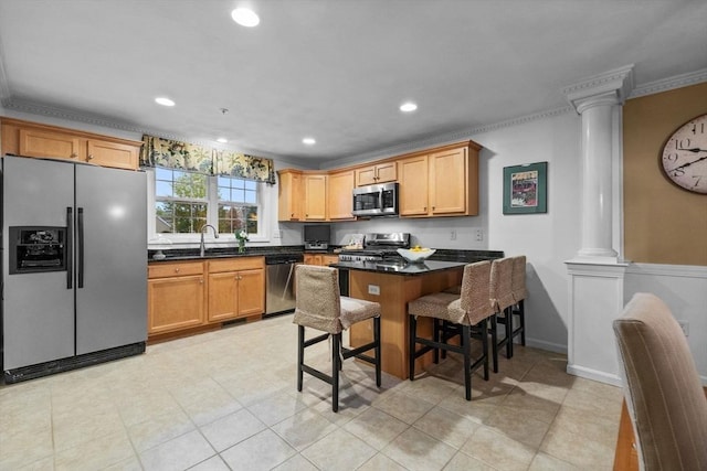 18 Dale St Unit 7A, Andover, MA 01810 - kitchen with appliances with stainless steel finishes, decorative columns, ornamental molding, recessed lighting, and a sink