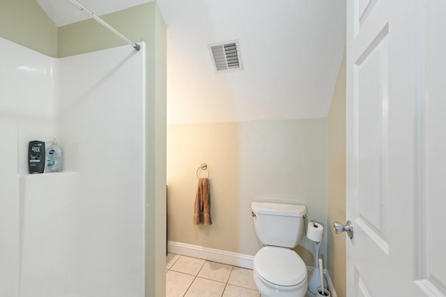 full bathroom featuring visible vents, baseboards, toilet, tile patterned floors, and a shower