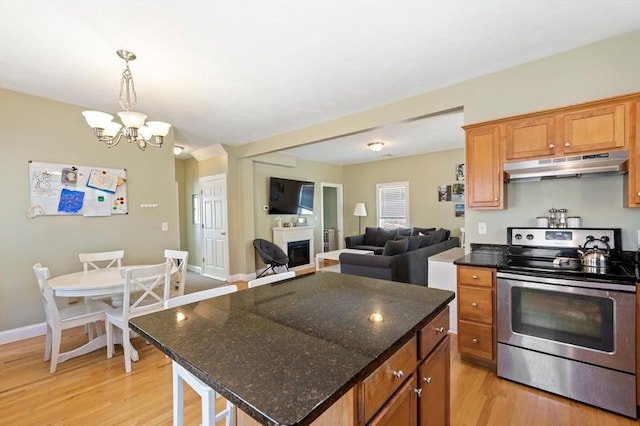 kitchen featuring baseboards, under cabinet range hood, stainless steel range with electric cooktop, a fireplace, and light wood-style floors