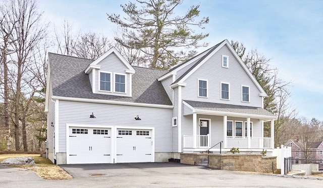 view of front of home with fence, covered porch, a shingled roof, a garage, and aphalt driveway