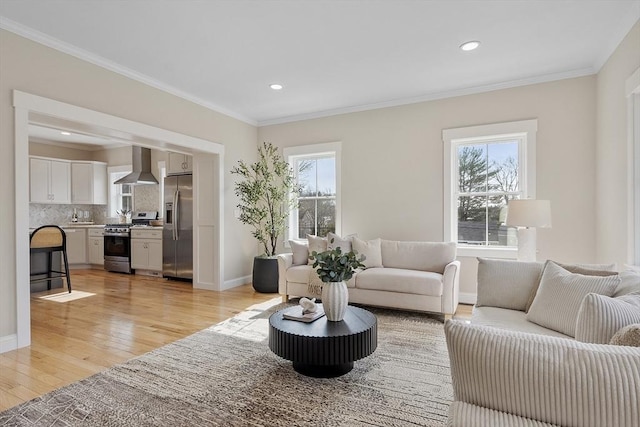 living room featuring crown molding, light wood-style flooring, baseboards, and a wealth of natural light