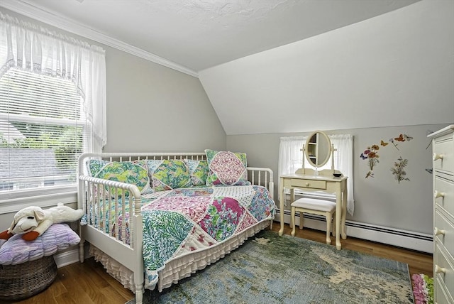 13 Delaval Rd, Worcester, MA 01606 - bedroom with a baseboard heating unit, wood finished floors, lofted ceiling, and crown molding