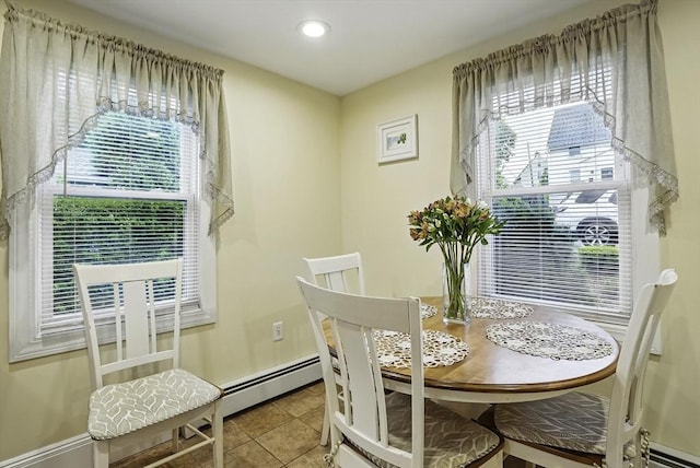 13 Delaval Rd, Worcester, MA 01606 - dining space with a baseboard radiator, tile patterned floors, and recessed lighting