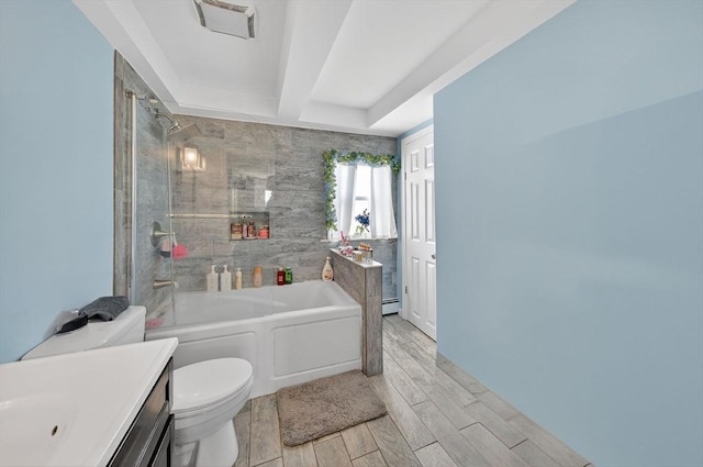 42 Mccabe St, Dartmouth, MA 02748 - bathroom with a bathtub, vanity, tile walls, wood finished floors, and a shower