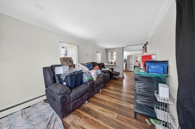 42 Mccabe St, Dartmouth, MA 02748 - living area featuring ornamental molding, wood finished floors, baseboard heating, and decorative columns