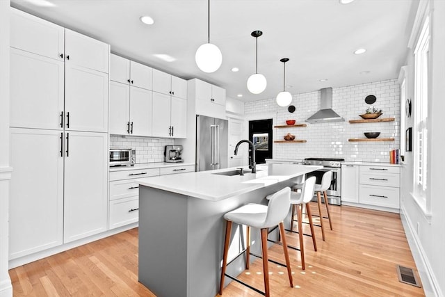 kitchen featuring visible vents, open shelves, a sink, appliances with stainless steel finishes, and wall chimney exhaust hood