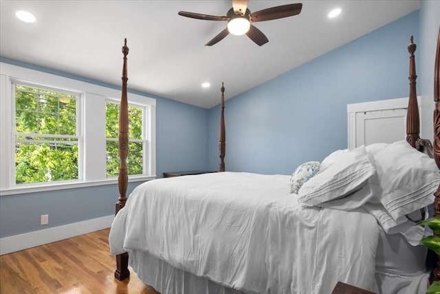 127 Mutton Ln, Weymouth, MA 02189 - bedroom featuring lofted ceiling, wood finished floors, baseboards, ceiling fan, and recessed lighting