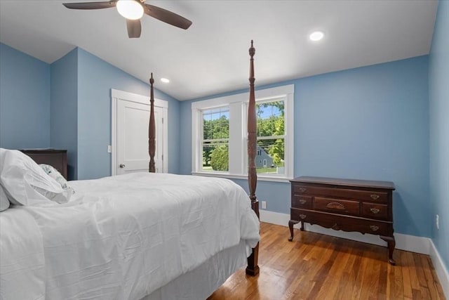 127 Mutton Ln, Weymouth, MA 02189 - bedroom with wood finished floors, baseboards, vaulted ceiling, a ceiling fan, and recessed lighting