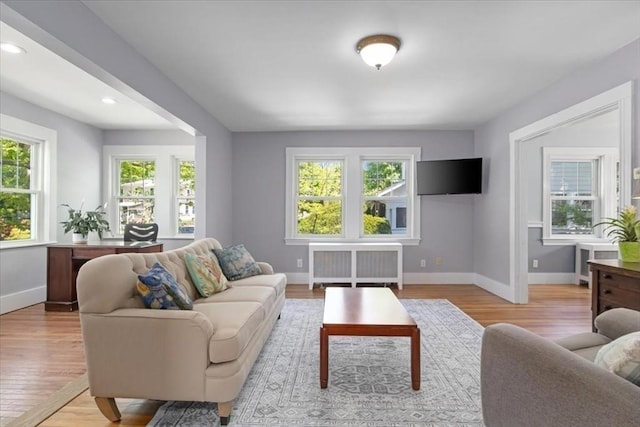 127 Mutton Ln, Weymouth, MA 02189 - living area with radiator, baseboards, wood finished floors, and recessed lighting
