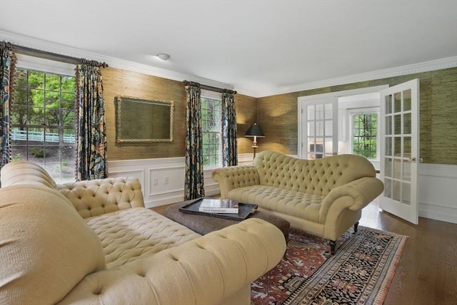 11 Edge Hill Rd, Hopkinton, MA 01748 - living room featuring plenty of natural light, wallpapered walls, a wainscoted wall, wood finished floors, and ornamental molding