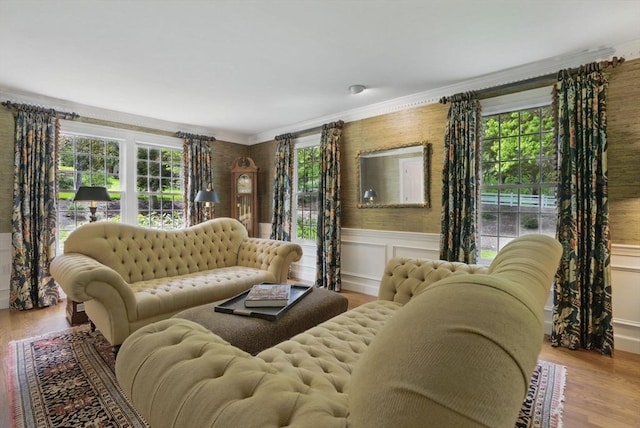 11 Edge Hill Rd, Hopkinton, MA 01748 - living room featuring wood finished floors, wainscoting, and ornamental molding