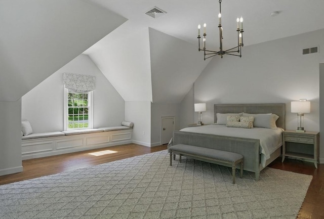 11 Edge Hill Rd, Hopkinton, MA 01748 - bedroom featuring wood finished floors, a chandelier, vaulted ceiling, and baseboards