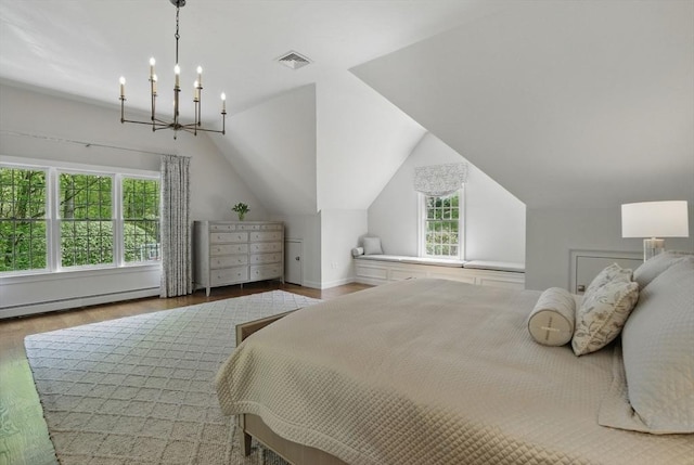 11 Edge Hill Rd, Hopkinton, MA 01748 - bedroom with wood finished floors, a chandelier, vaulted ceiling, baseboard heating, and baseboards