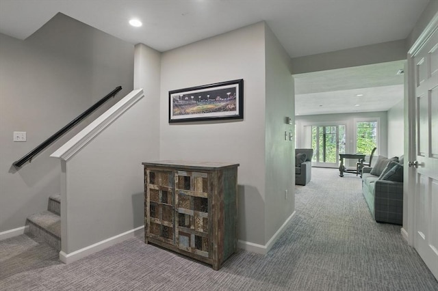 11 Edge Hill Rd, Hopkinton, MA 01748 - hallway featuring carpet, baseboards, and stairs