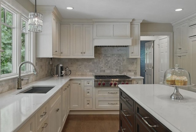 11 Edge Hill Rd, Hopkinton, MA 01748 - kitchen with a sink, stainless steel gas cooktop, healthy amount of natural light, decorative light fixtures, and recessed lighting