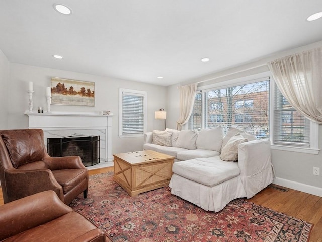 living room featuring hardwood / wood-style flooring, a wealth of natural light, and a high end fireplace