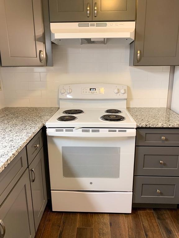 10 Longworth Ave Unit 12, Brockton, MA 02301 - kitchen with electric stove, under cabinet range hood, gray cabinetry, and dark wood-style flooring