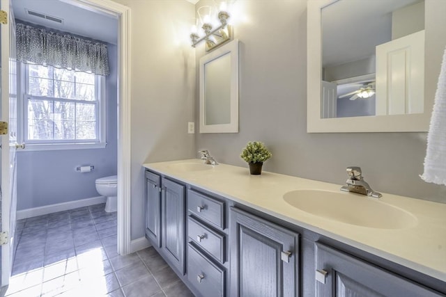 full bathroom with a sink, visible vents, toilet, and double vanity