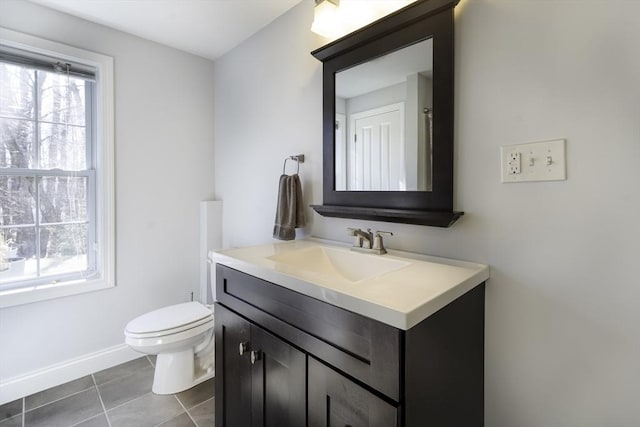 bathroom featuring tile patterned flooring, toilet, vanity, and baseboards