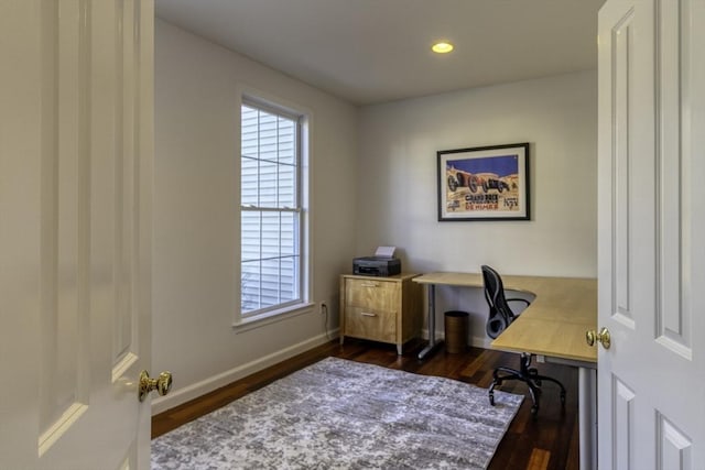 office space with dark wood finished floors, recessed lighting, and baseboards